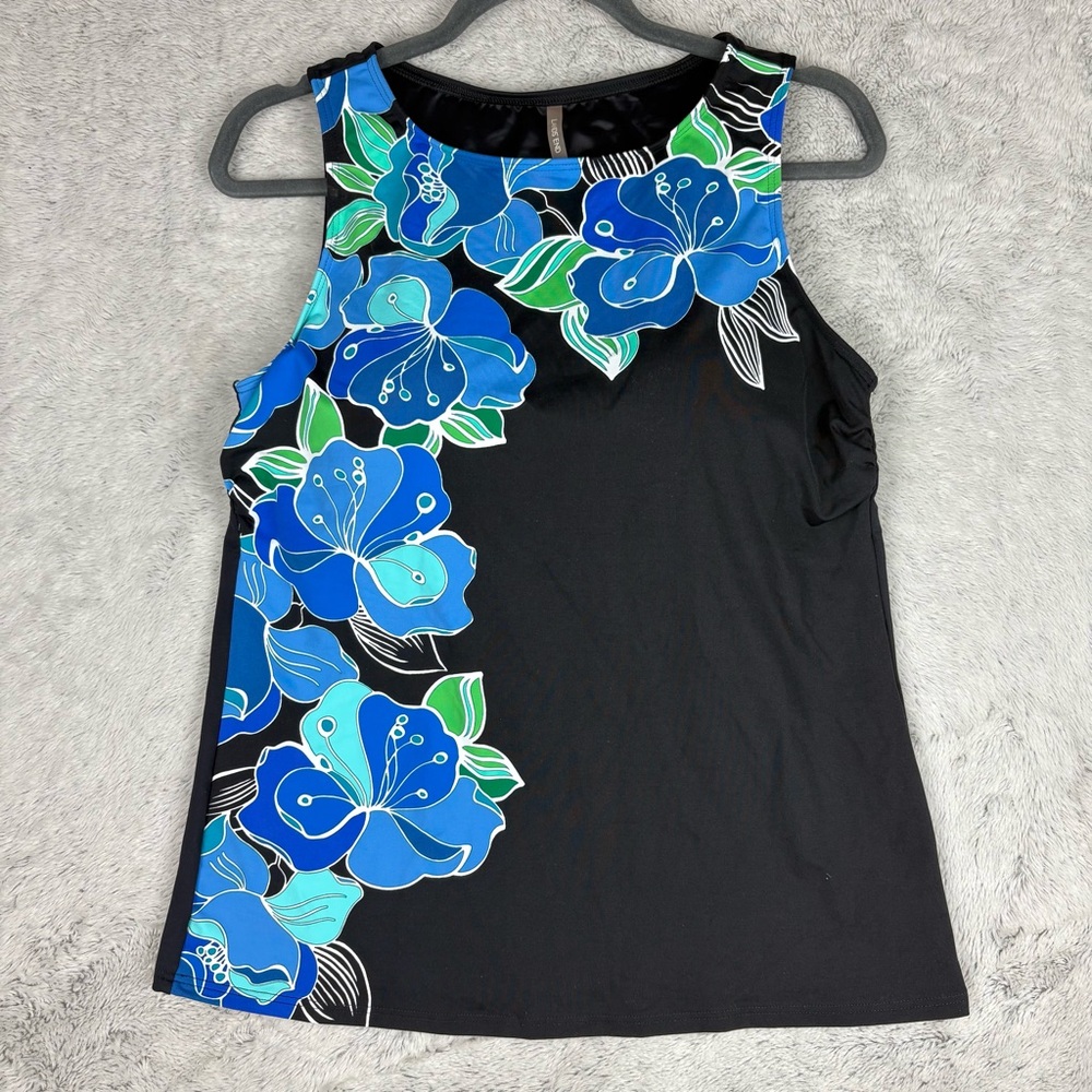 Lands End Women's Tankini Swim Top‎ High Neck Black Floral Hawaii Tropical 12D